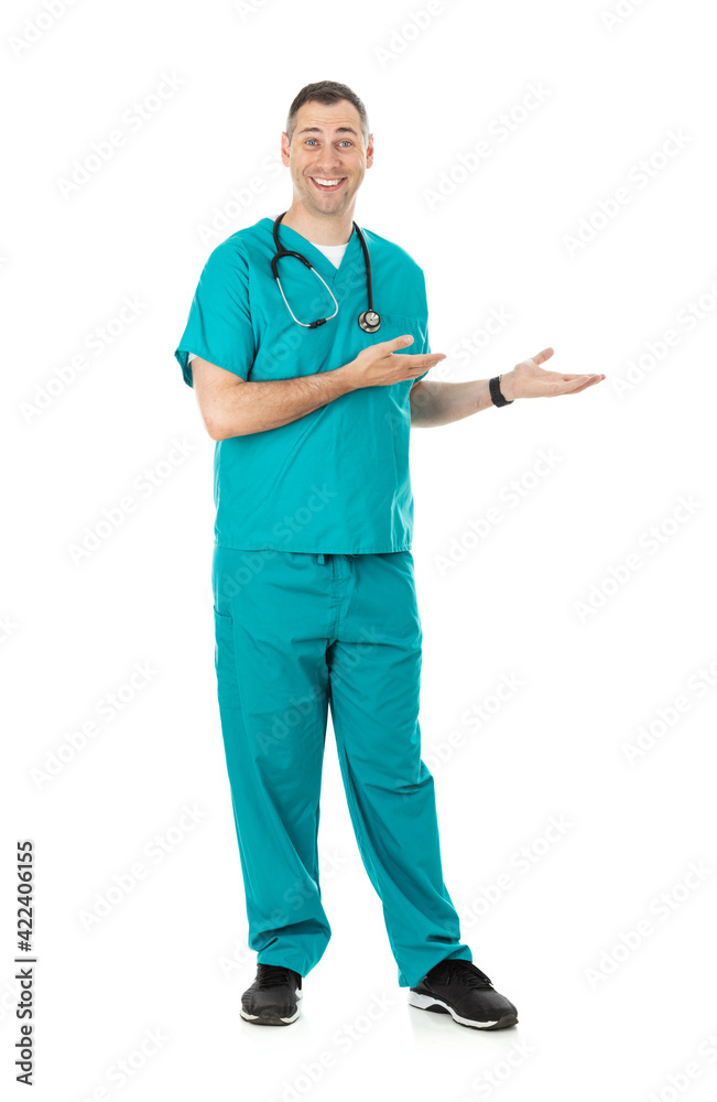 Doctor: Male Physician Gesturing To The Side Doctor: Male Physician Gesturing To The Side
