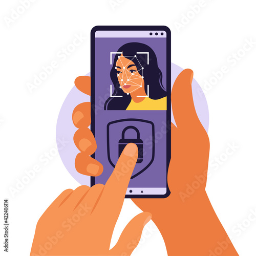 Face recognition and identification, face ID concept. Hands with phones with biometric identification. Vector illustration. Flat