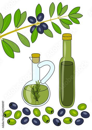 Olive oil in jug and bottle, with olive branch isolated on white - set of natural vegetable oils - salad dressing - ingredient for healthy food