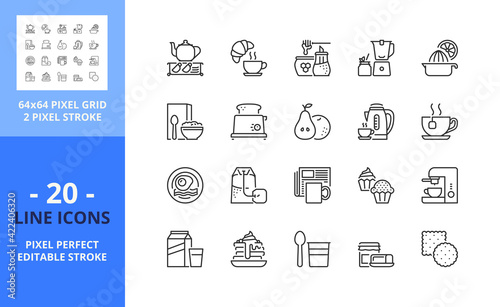 Line icons about breakfast. Pixel perfect 64x64 and editable stroke