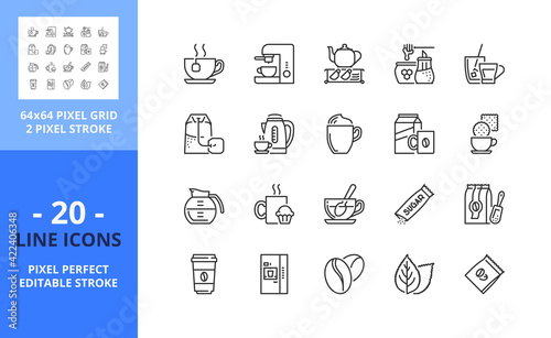 Line icons about coffee and tea. Pixel perfect 64x64 and editable stroke