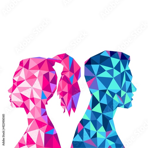 Crystalline male and female silhouettes on a white background.