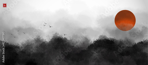 Sunrise landscape with misty forest mountains and big red sun. Traditional oriental ink painting sumi-e, u-sin, go-hua. Seascape with stormy weather. Hieroglyph - eternity
