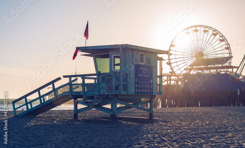 lifeguard station tower on beach at Santa Monica pier during dusk