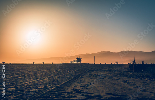 lifeguard station tower on beach at Santa Monica Los Angeles during dusk