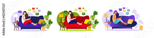 Woman sitting on sofa with laptop. Working on a computer. Freelance, online education or social media concept. Freelance or studying concept. Flat style modern vector illustration isolated on white.