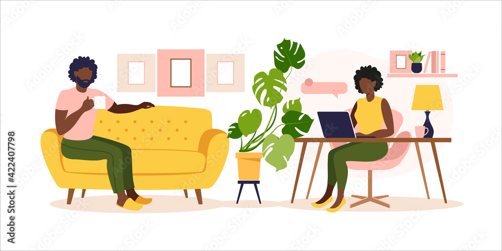 African couple working at home. Woman sitting at the table with laptop. Concept freelance, online education or work social media. Working from home, remote job. Flat style. Vector illustration.