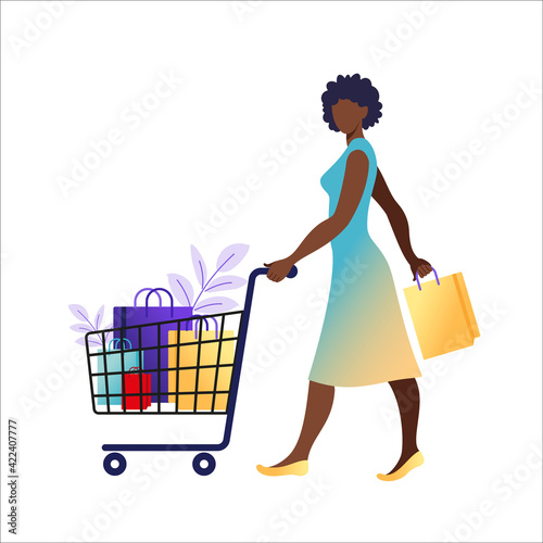 Young african woman with paper bags go to shopping. Concept of online and offline shopping, sale, discount. Vector illustration for web banner, infographics, mobile. Vector illustration in flat.