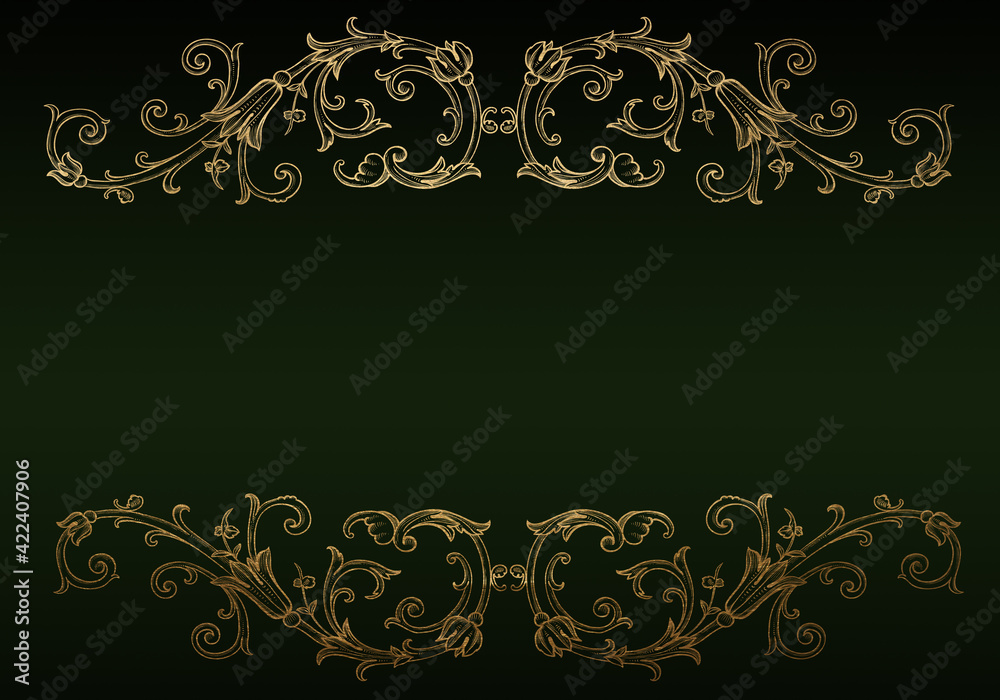 Dark anthracite and green background with luxery golden floral ornaments and golden swirls. Good for logo or invitation. Dark anthracite and green background with luxery golden floral ornaments and golden swirls. Good for logo or invitation.