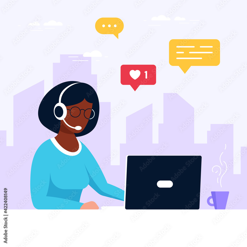 Woman with headphones and microphone with laptop Woman with headphones and microphone with laptop