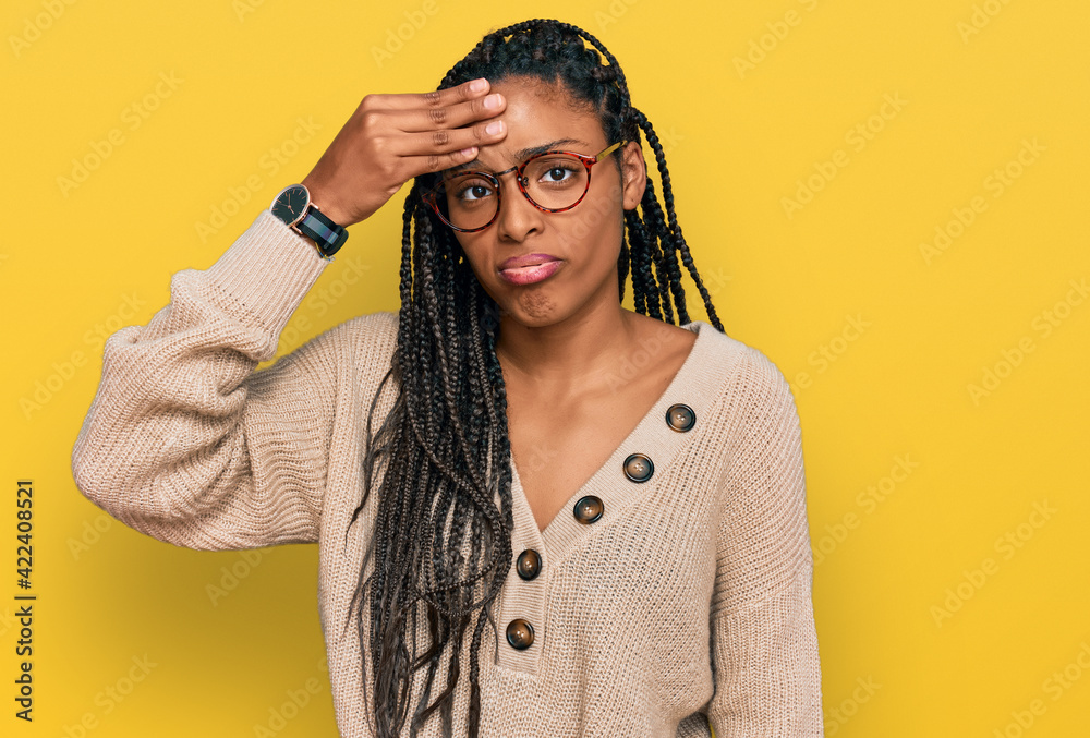 African american woman wearing casual clothes worried and stressed about a problem with hand on forehead, nervous and anxious for crisis