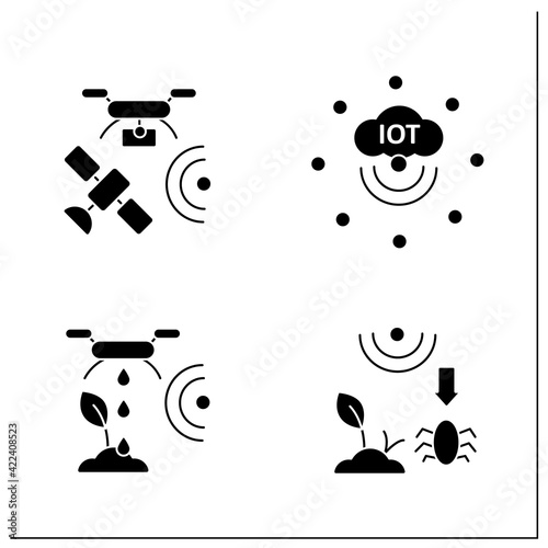 Smart farm glyph icons set. Consist of IoT sensors, irrigating land, pests and weeds elimination.Agricultural innovation concepts.Filled flat signs. Isolated silhouette vector illustrations