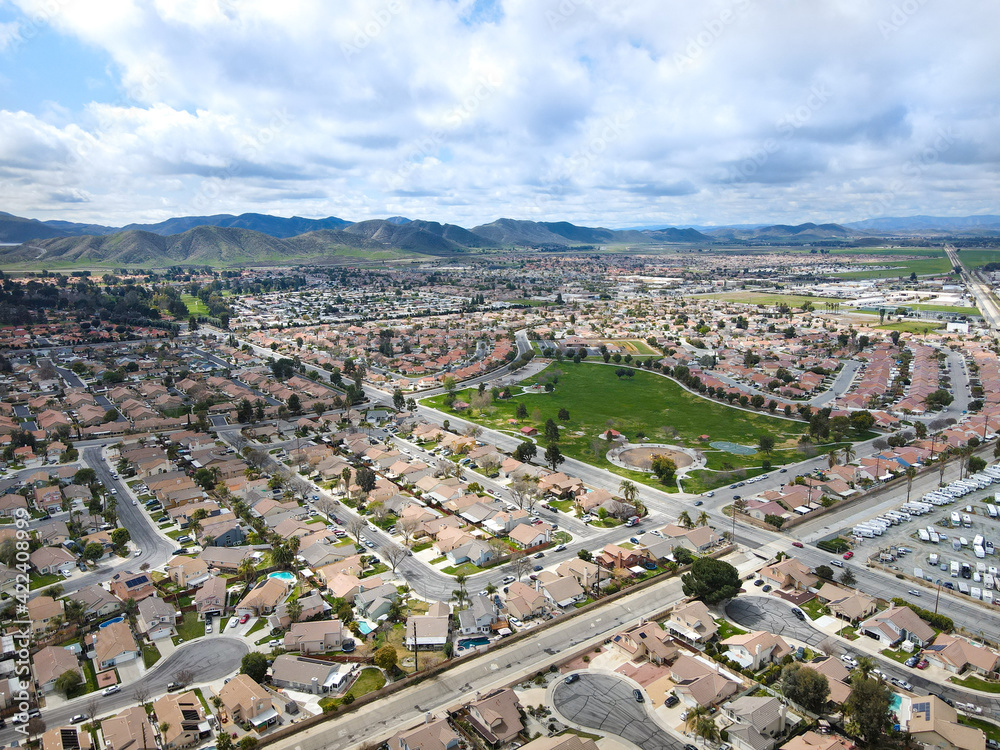 Aerial view of Hemet city in the San Jacinto Valley in Riverside County, California, USA.