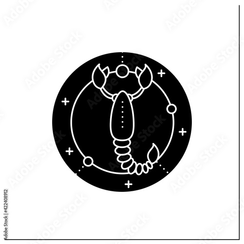 Scorpio glyph icon. Eight fire sign in zodiac. Scorpion birth symbol. Mystic horoscope sign. Astrological science concept.Filled flat sign. Isolated silhouette vector illustration photo