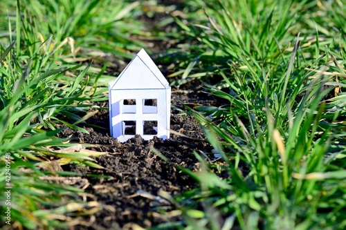 Paper house in a field among winter wheat concept of building and starting life, sunny spring day.