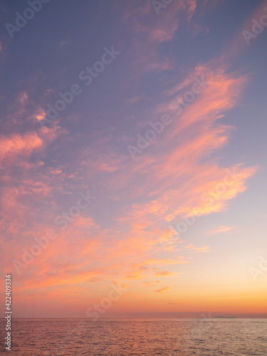 pink clouds in sunset sky above sea with copy space in vertical frame