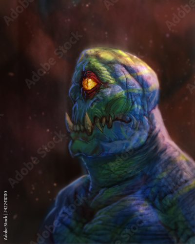 Foto Digital painting of a toothy cyclops creature concept drawing in an abstract env