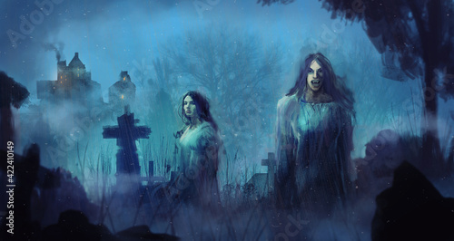 Fotografie, Obraz Digital painting of a pair of scary gothic vampires hanging out in a graveyard w