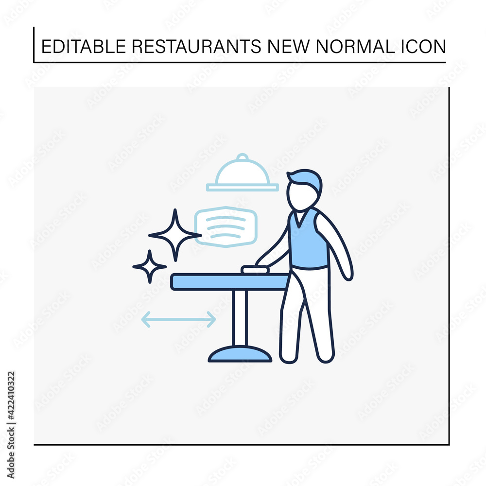 Disinfection line icon. Employee disinfect tables. Wet cleaning. Furniture disinfect. Regulation through covid19. Restaurants new normal concept. Isolated vector illustration.Editable stroke Disinfection line icon. Employee disinfect tables. Wet cleaning. Furniture disinfect. Regulation through covid19. Restaurants new normal concept. Isolated vector illustration.Editable stroke