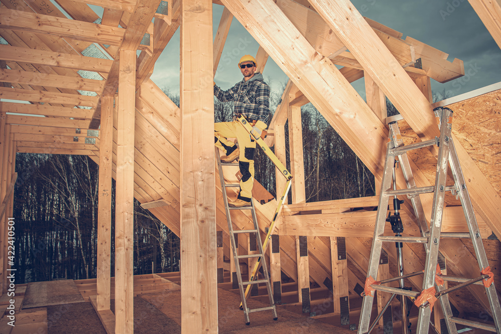 Construction Worker Building Wooden House Frame Construction Worker Building Wooden House Frame