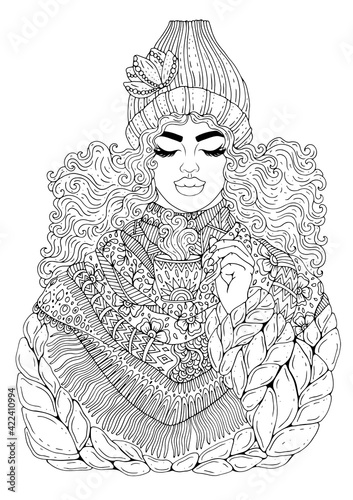 Vector women with curly hairstyle, decorated patterned large scarf. Attractive fashion model in a  warm knitted sweater holds a mug hot drink with eyes closed. Decorated  illustration coloring page