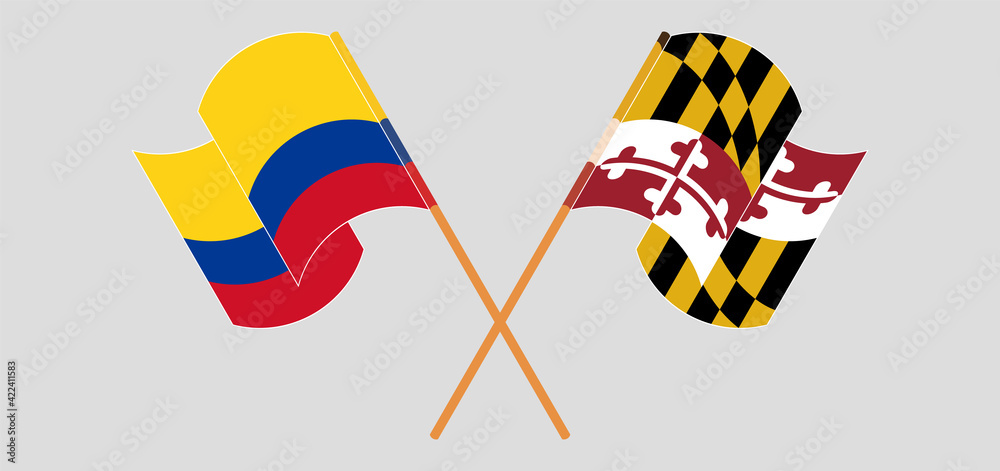 Crossed and waving flags of Colombia and the State of Maryland Crossed and waving flags of Colombia and the State of Maryland