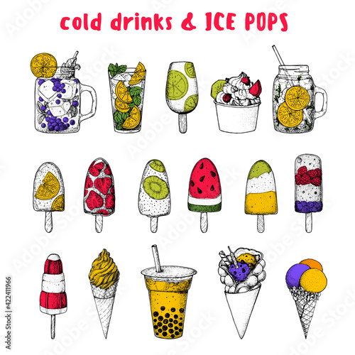 Popsicle ice cream, hand drawn vector illustration. Ice tea and ice cream. Summer food and drink. Sketch illustration for menu design. Ice pops collection