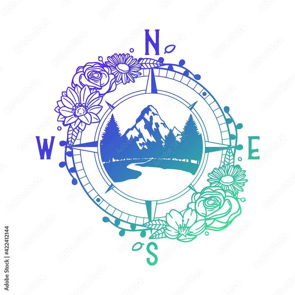 Vecteur Stock Compass Mountain Rose Flower with Vintage Cardinal