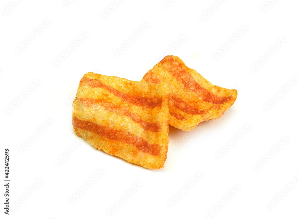 Bacon Chips. Delicious bacon snacks isolated on white background. Pelleted salted snack bacon. Smoked bacon flavored chips. Bacon Chips. Delicious bacon snacks isolated on white background. Pelleted salted snack bacon. Smoked bacon flavored chips.
