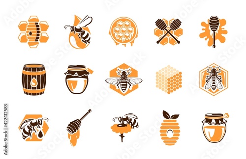 Beekeeping apiary icons, vector emblems with honey products and bees. Beehive honeycomb, wooden barrel and honey dipper with splash drops. Apiculture production and beekeeper tools isolated labels set