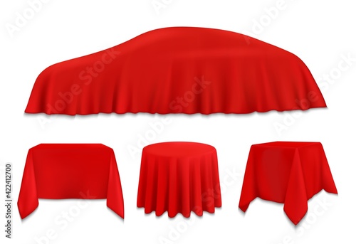 Red silk cloth covered objects, hanging napkin or tablecloth on car, square, round and rectangular tables. Vector pedestals with realistic folded fabric, new auto presentation, award isolated 3d set