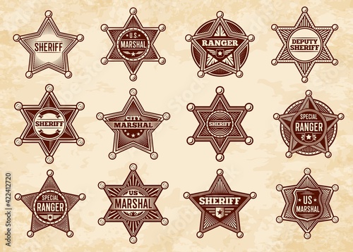 Sheriff, marshal and ranger stars, vector badges. Wild West Us police vintage insignias. Graphic design elements, american lawman signs on paper texture background, five or six pointed stars set