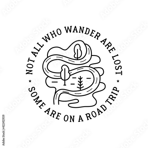 Camping silhouette line art logo design. Vintage adventure linear badge design. Outdoor crest label with road landscape and trees. Travel emblem isolated. Stock vector isolated