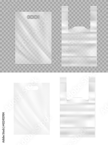 Realistic plastic bags 3d vector mockup. Transparent polythene packages with handle for products or garbage isolated on white background. Realistic empty packaging, supermarket carrier bags top view