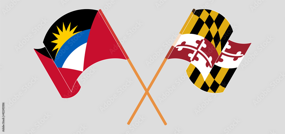 Crossed and waving flags of Antigua and Barbuda and the State of Maryland