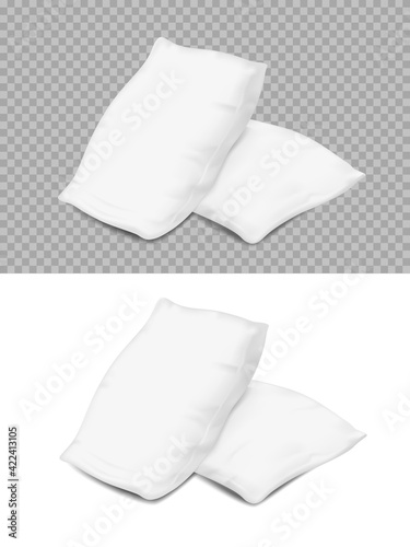 Feather white pillows, realistic cushions 3d vector mockup of rectangular or square shape angle view. Soft comfortable accessories with natural filling design isolated on transparent background