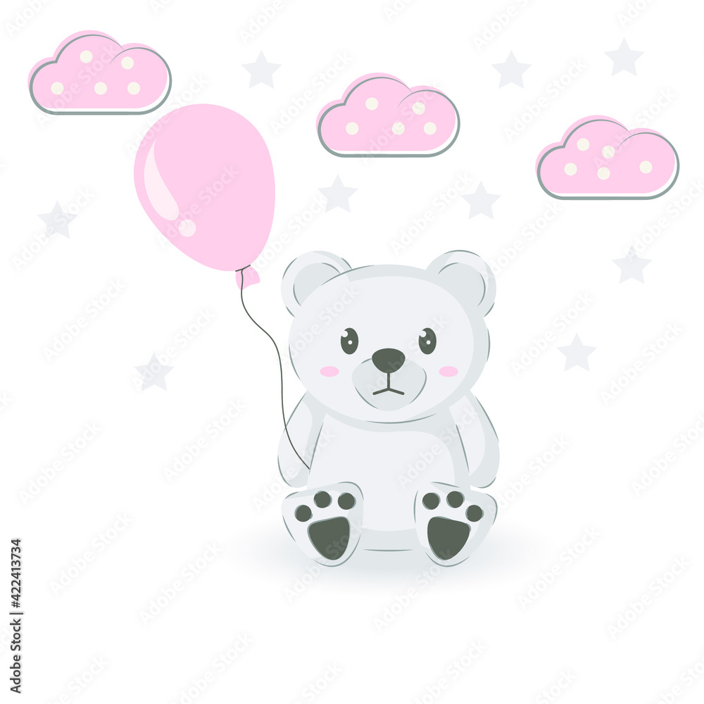 Cute bear with balloons in hand drawn vector illustration. Can be used to print t-shirts