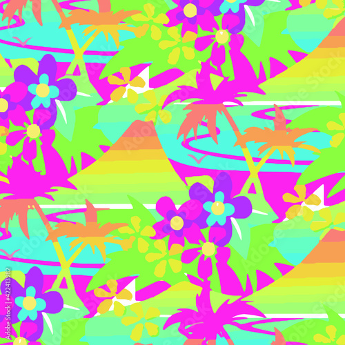 Vector tropical pattern with hibiscus flowers and tropical leaves. Floral background 