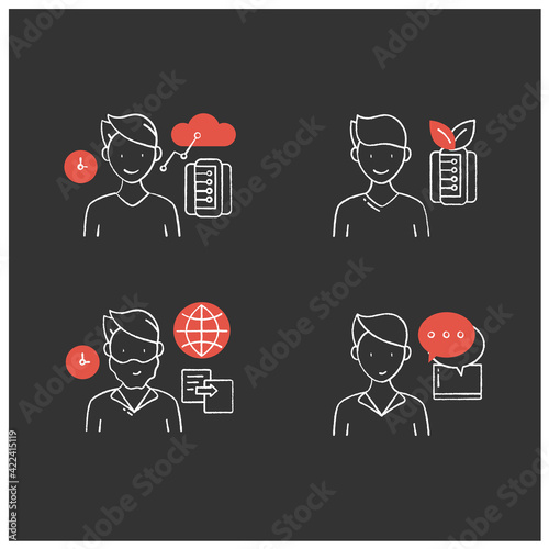 Information overload chalk icons set. Consists of instant messaging, data duplication, information ecology, info age. Isolated vector illustrations on chalkboard