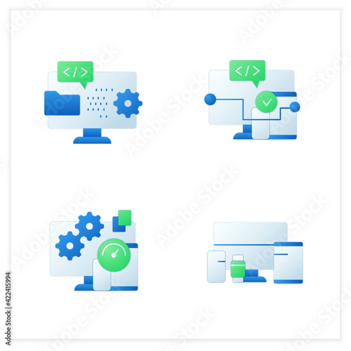 Cross platform flat icons set. Programming environment. Software, applicationtesting, devices. Digitalization concept. 3d vector illustrations