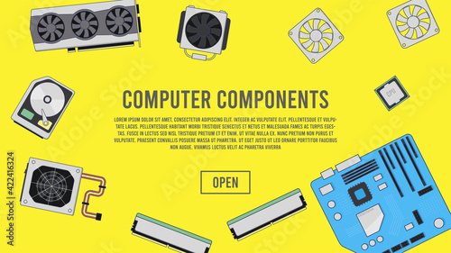 Web page design for online store. Icons of computer components. Computer supplies. CPU, GPU, motherboard, system block, RAM memory, coolers, hard drive. Colorful flat designed vector illustration