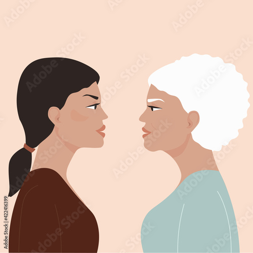 Two women in profile facing each other look into each other's eyes. Young and old female, mother and daughter. The concept of generational communication. Vector graphics.