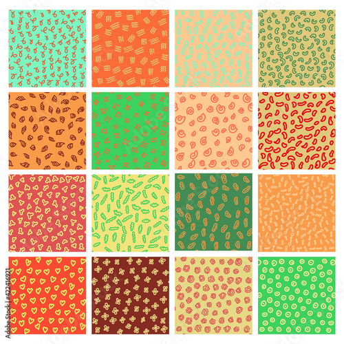 Abstract seamless pattern vector set with different hand painted elements in memphis style.