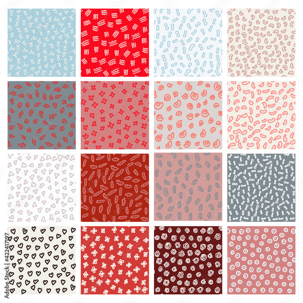 Abstract seamless pattern vector set with different hand painted elements in memphis style. Abstract seamless pattern vector set with different hand painted elements in memphis style.