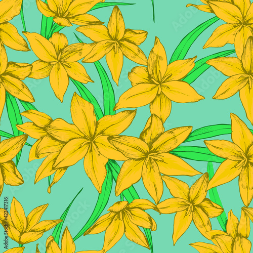 Seamless vector pattern with yellow flowers on turquoise background. Good print for wallpaper, textile, wrapping paper, ceramic tiles