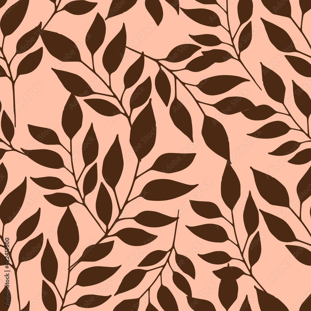 Silhouette of leaves in sepia colors on beige background. Seamless pattern. Vector botanical illustration. Good print for wrapping paper, packaging design, wallpaper, ceramic tiles, and textile Silhouette of leaves in sepia colors on beige background. Seamless pattern. Vector botanical illustration. Good print for wrapping paper, packaging design, wallpaper, ceramic tiles, and textile
