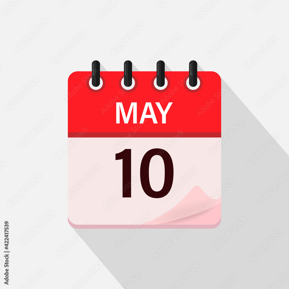 May 10, Calendar icon with shadow. Day, month. Flat vector illustration. May 10, Calendar icon with shadow. Day, month. Flat vector illustration.