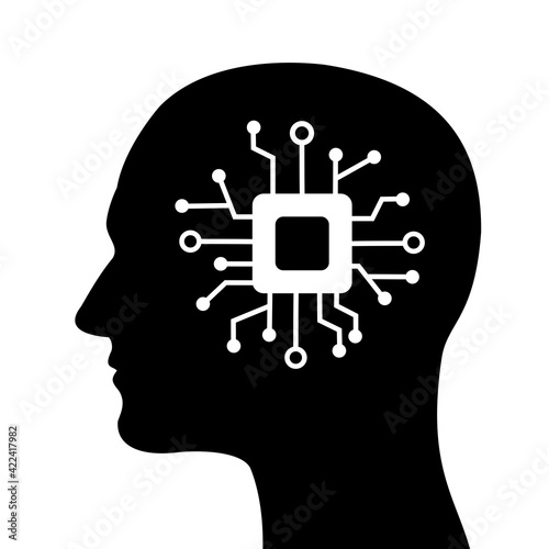 Android and humanoid - silhouette of human with processor, microprocessor, chip, chipset and cpu in head instead of brain. Robotic human and modern digital technology. Vector illustration. photo