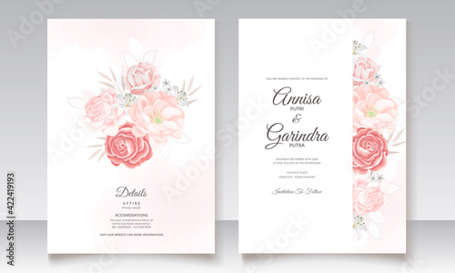  Wedding invitation card template set with beautiful  floral leaves Premium Vector