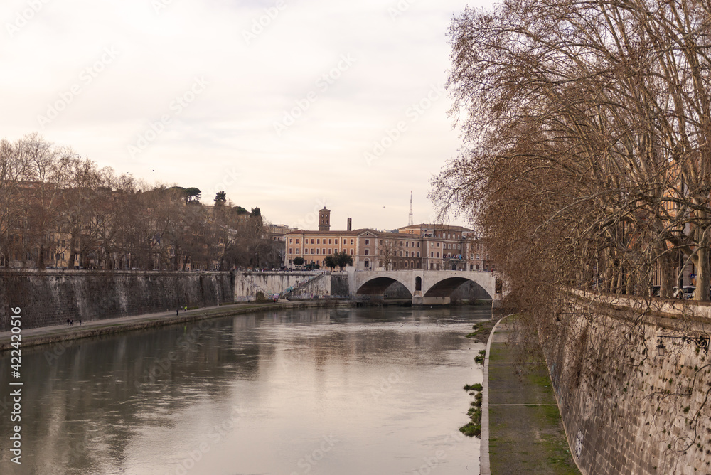 Rome. Italy. Spring 2020. Spring Roman embankments. People walk along the embankment. The branches of plane trees bend over the Tiber River